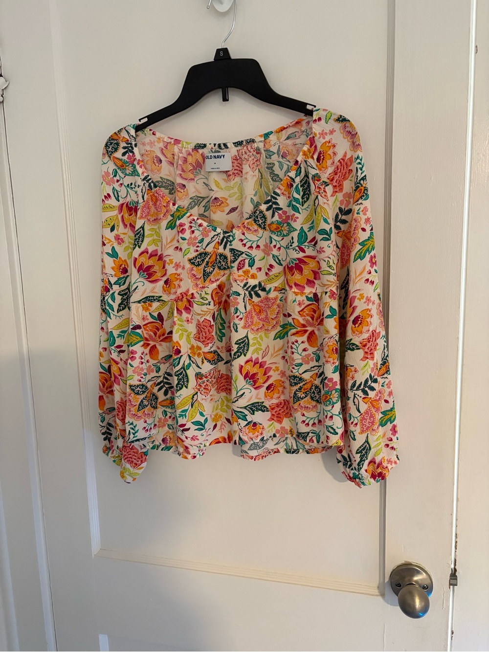 Old Navy Cream Floral Blouse with Pink & Green Accents